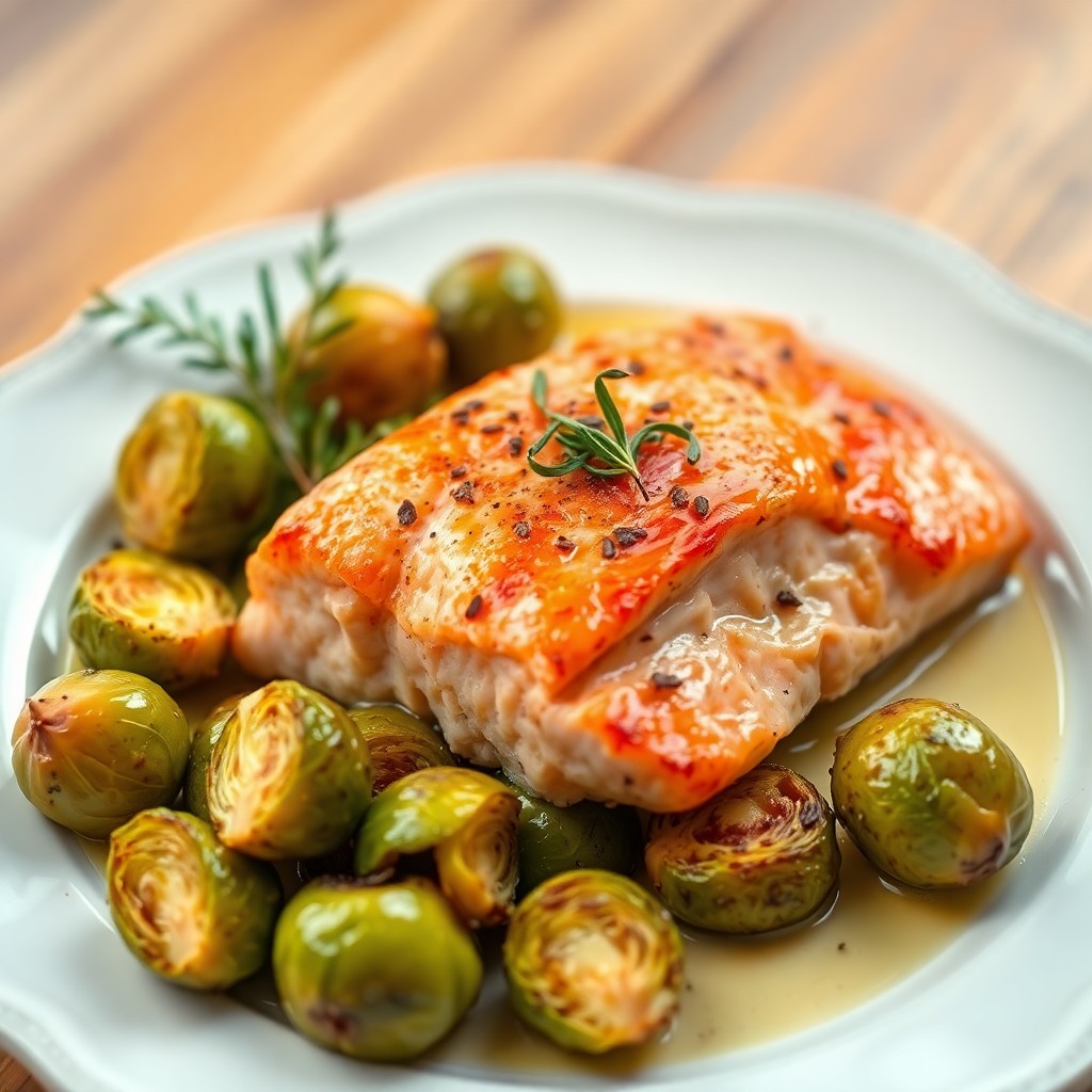 Roasted Salmon with Garlic Butter and Roasted Brussels Sprouts