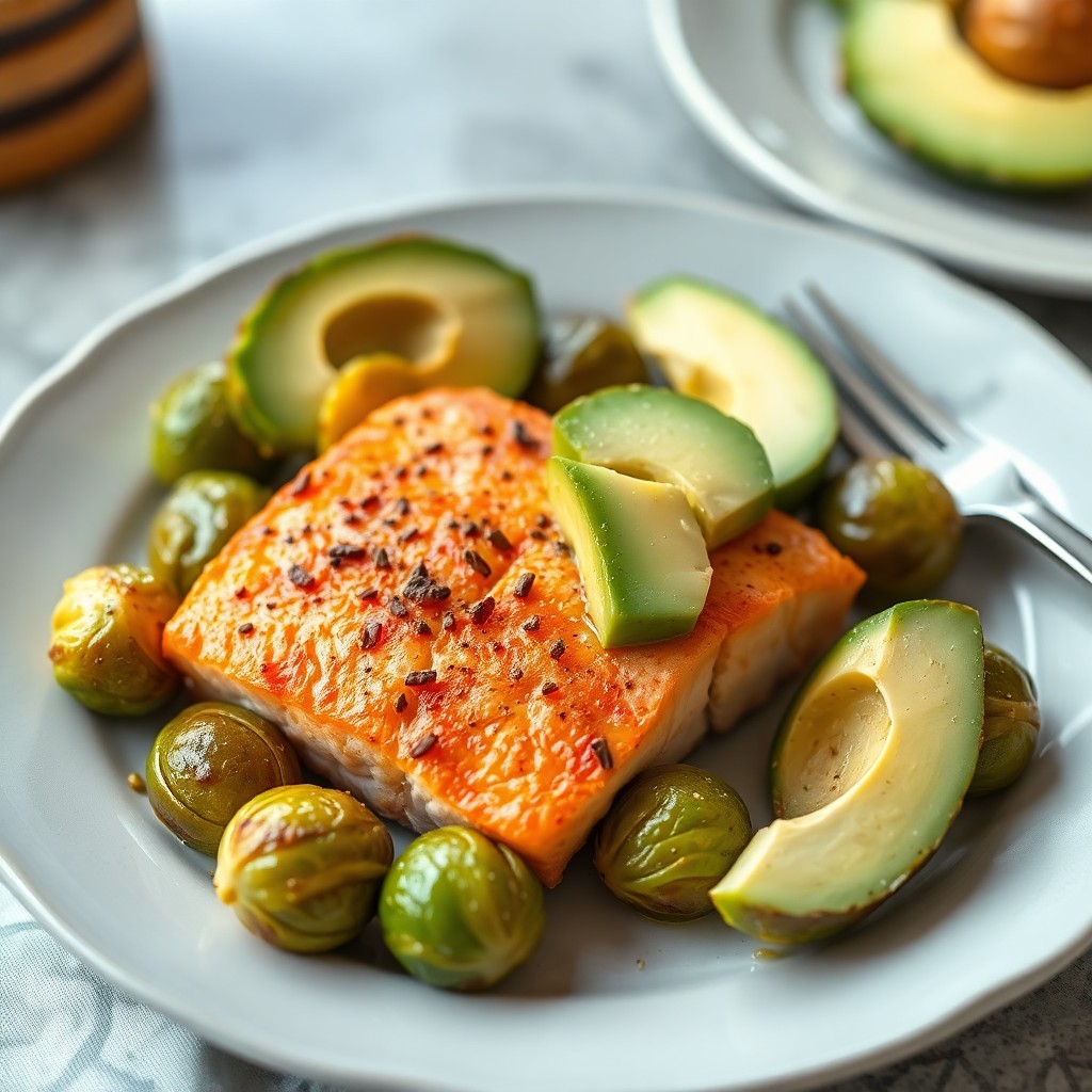 Baked Salmon with Roasted Brussels Sprouts and Avocado