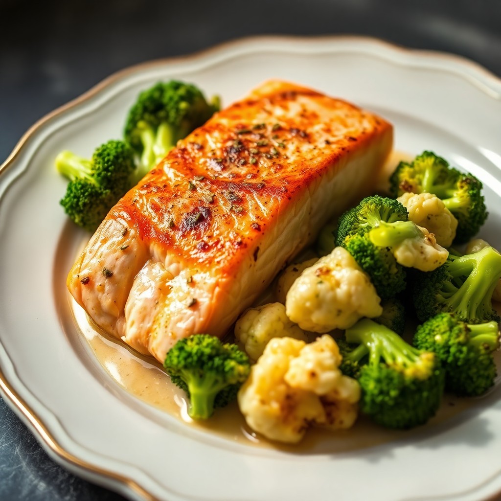 Roasted Salmon with Buttered Broccoli and Cauliflower