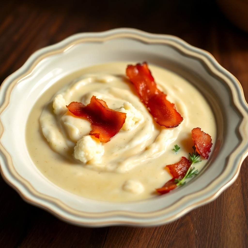 Roasted Cauliflower and Garlic Soup with Crispy Bacon