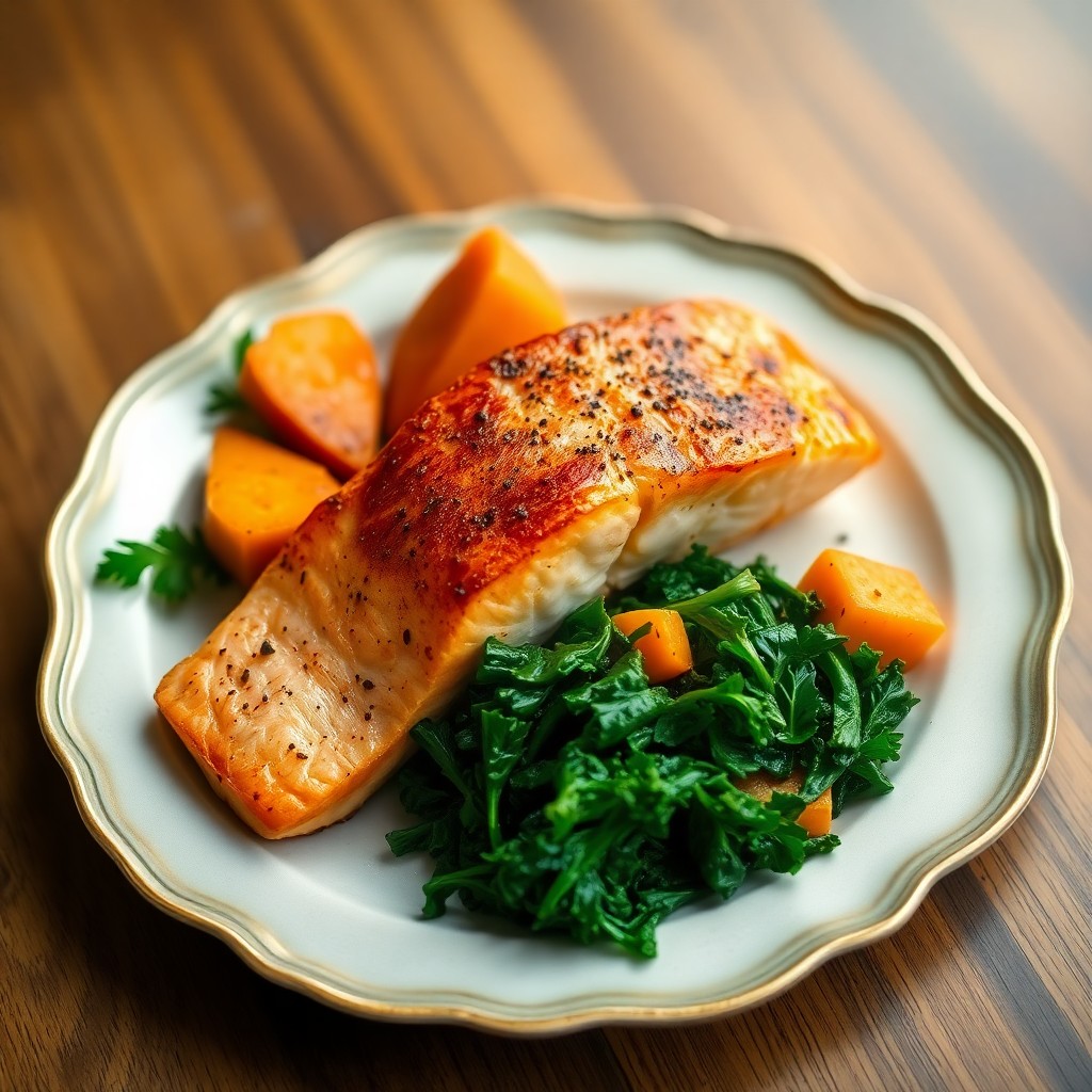 Roasted Salmon with Baked Sweet Potatoes and Sautéed Kale